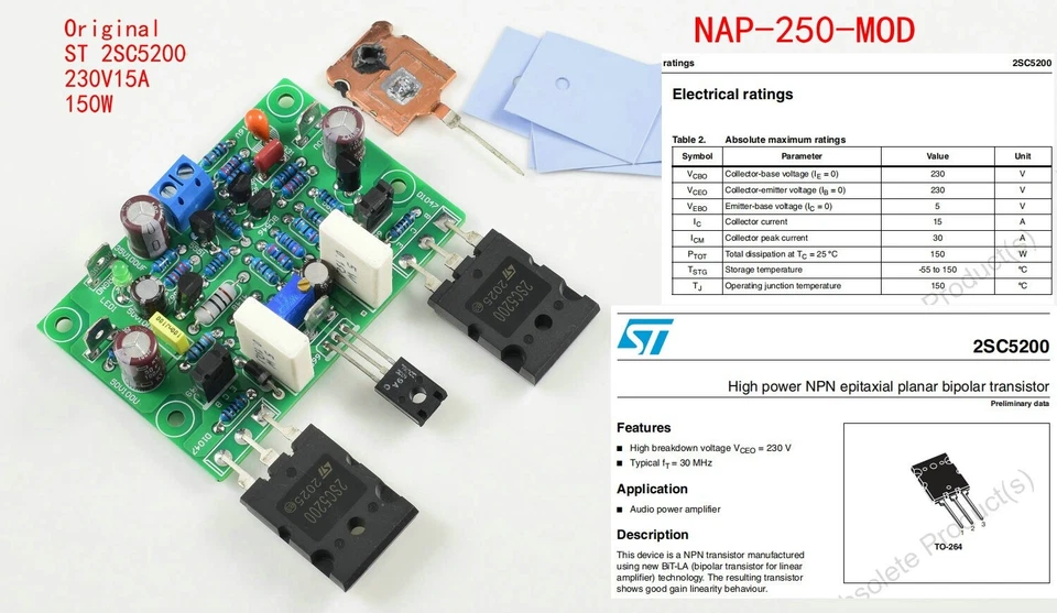 1pair DIY NAP250 MOD Stereo Dual Amplifier Board Class AB AMP 80W ST 2SC5200 - Image 3 of 4