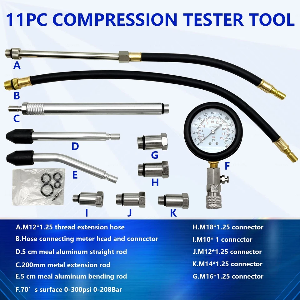 11PCS Petrol Engine Compression Tester Kit Fuel Cylinder Pressure Gauge Tool Set - Image 2 of 4