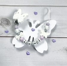 Nuckelkette Silicone Name Grey White Lilac Bow Pacifier Chain
