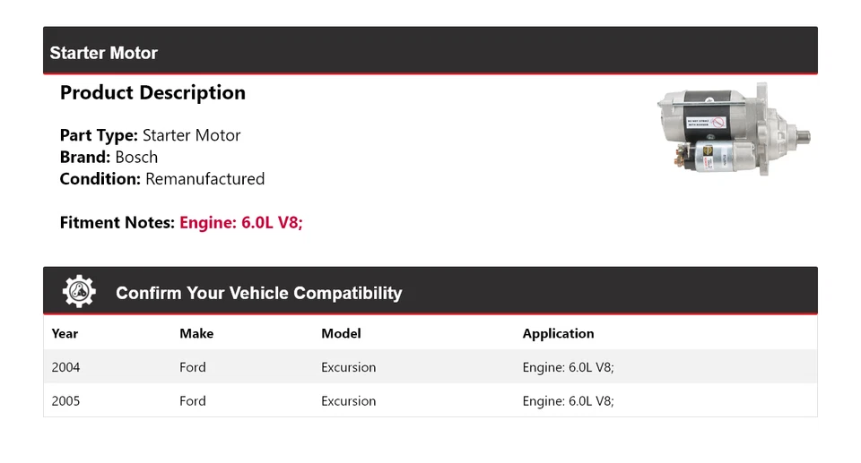 Стартер Bosch для Ford Excursion 6,0 л 2004-2005 годов выпуска (восстановленный) - Изображение 2 из 4