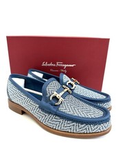 NEW AUTH SALVATORE FERRAGAMO MASON TWIST PEBBLE CALFSKIN BLUE LOAFER SHOES 7