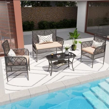 4PCS Outdoor Patio Rattan Furniture Set Beige Cushioned Sofa Coffee Table Chair