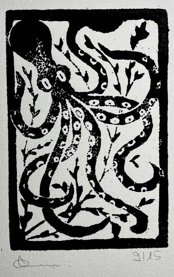 Original Holzschnitt „Octopus“ signiert aus den 1960er Limitiert 9/15 Topzustand - Bild 3 von 3