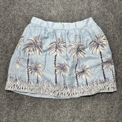 J. Crew Linen Skirt A Line Blue Palm Tree Summer Beach G4616 Women's 8