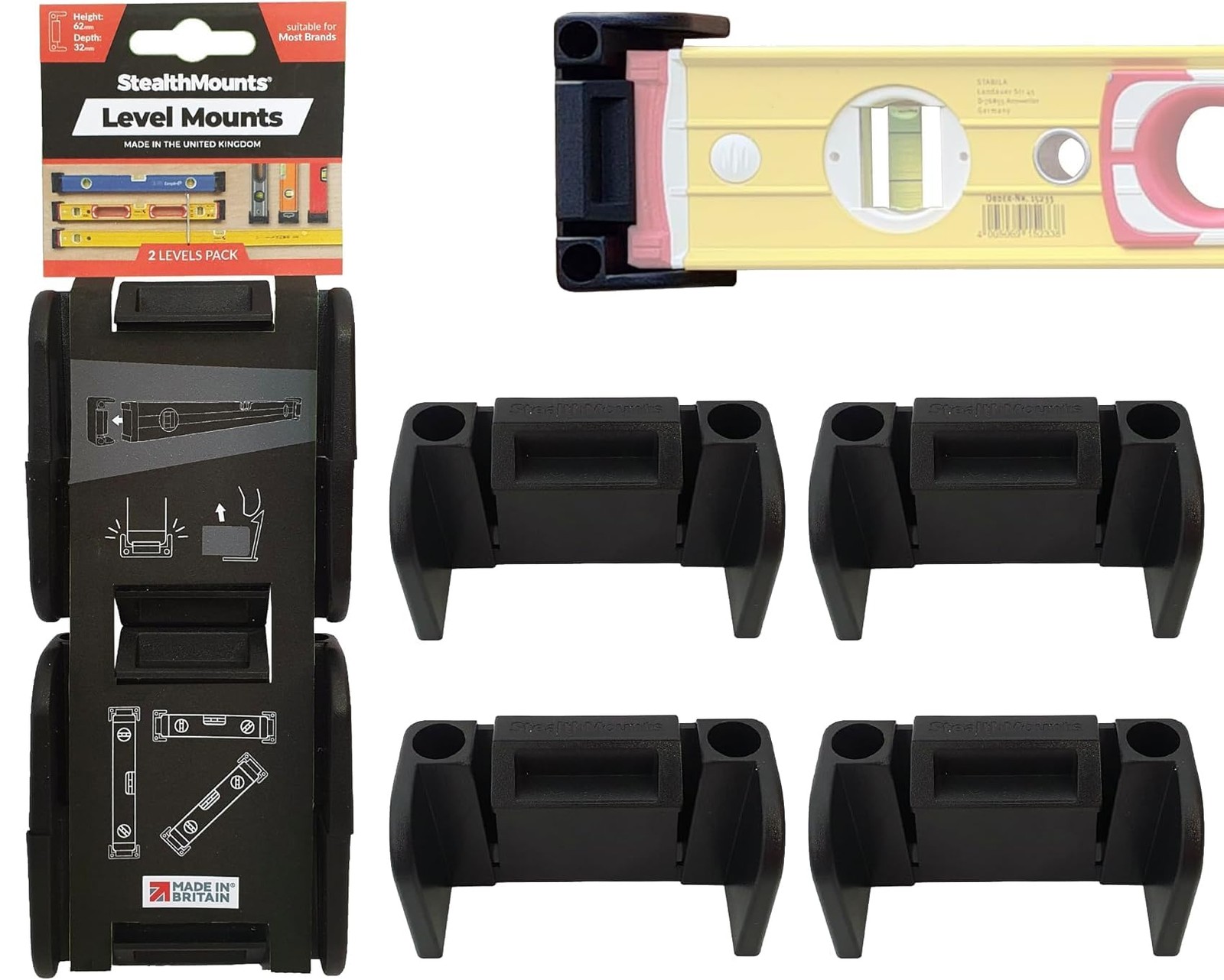 StealthMounts Universal Level Holder 2 Pack Black Wall Mounts for Spirit Levels