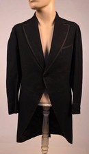 1920  S BLACK WOOL MOURNING JACKET W CUTAWAY FRONT