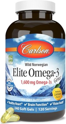 Carlson Elite Omega 3 Gems, 1600mg, Lemon Flavored, 240 Softgels