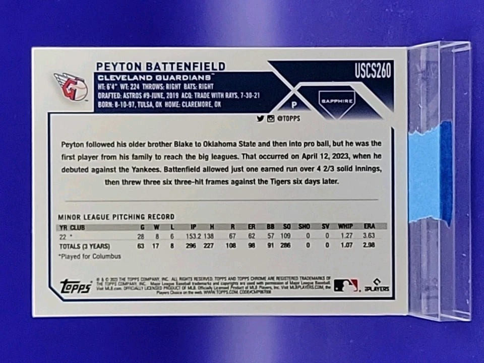 Peyton Battenfield 2023 Topps Chrome Update Sapphire Edition RC 🔥 Guardians - Image 2 of 2