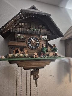 BLACK FOREST VINTAGE CHALET CUCKOO CLOCK " LUMBER JACKS AND WATER WHEEL.