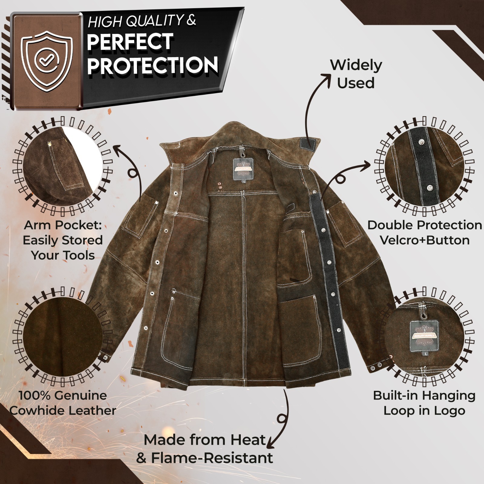 Leather Welding Jacket Flame Resistant Heavy Duty TIG MIG Welders Work Jacket