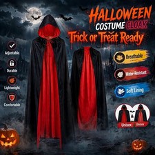 Halloween Vampire Cloak Hooded Cape Reversible Red Black Costume Adult Cosplay