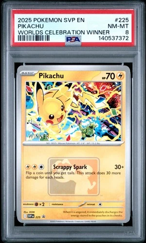 2025 POKEMON SVP PROMO WORLDS CELEBRATION TOURNAMENT WINNER #225 PIKACHU PSA 8
