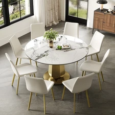 53" Luxury Round Dining Set-Sintered Stone Top, 8 Chairs, Gold Base