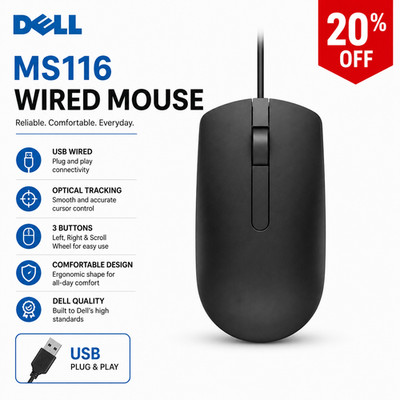 BRANDNEUE DELL MAUS MS116 USB KABELGEBUNDEN - SCHWARZ - SCROLLRAD 3 TASTEN uk