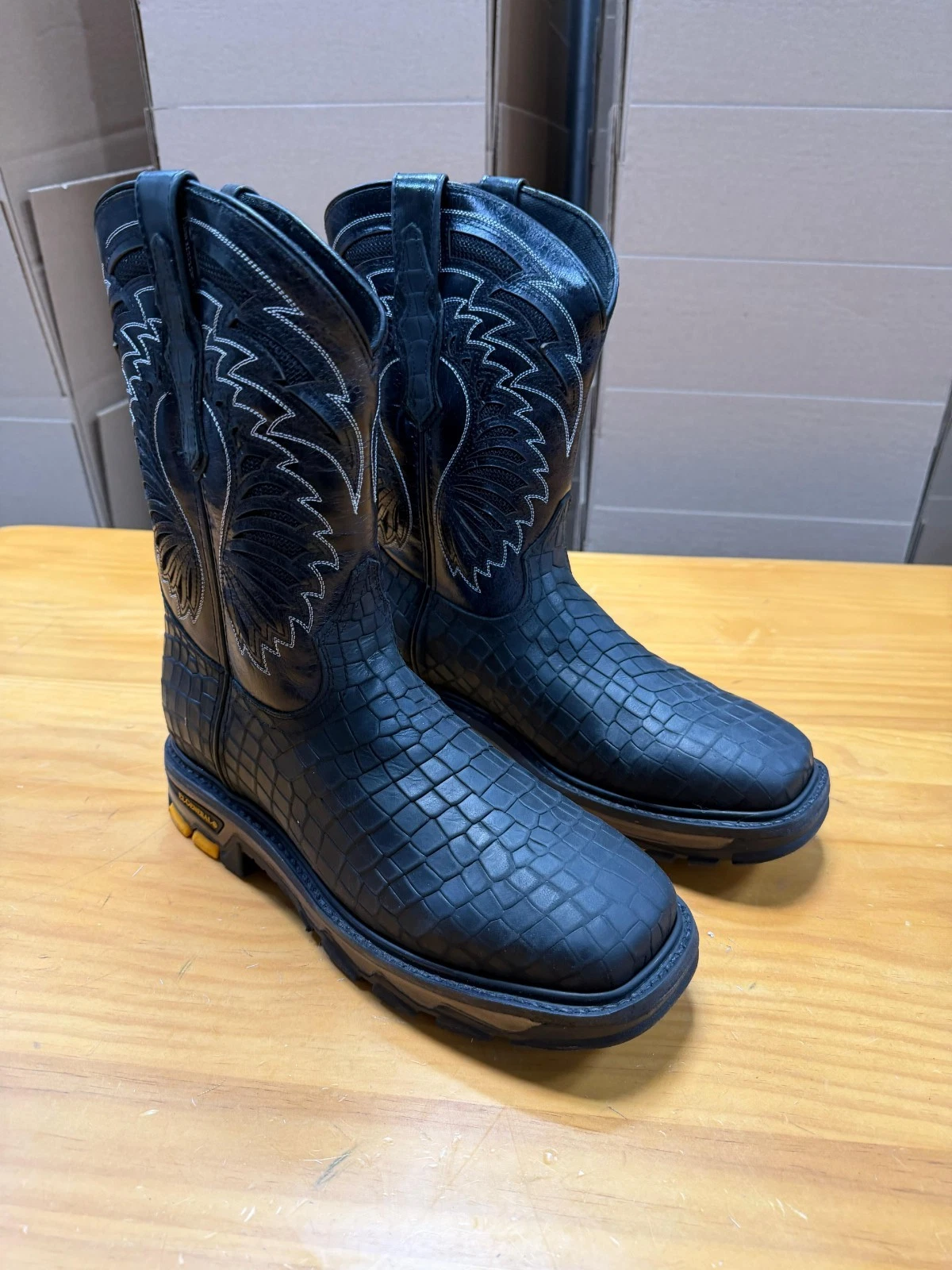 Genuine Leather Exotic Alligator Print Square Toe Western Work Boots - Black