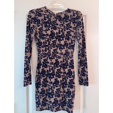 Windsor Floral Flocked Bodycon Dress Nude Navy Velvet Long Sleeve XS-S