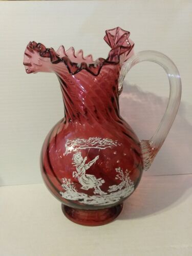 MARY GREGORY GIRL ON SWING RUFFLED CRANBERRY PITCHER  H 8.5" Excellent Condition - 第 1/3 張圖片