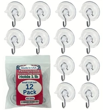 12 Pak Small 1 1/4Inch Pennsylvania Heavy Duty Suction Cup Hooks for Glass