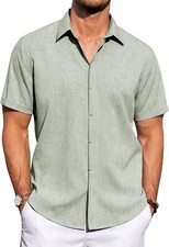 Men's Linen Short Sleeve Button Down Shirt Casual Summer Beach Wedding Top