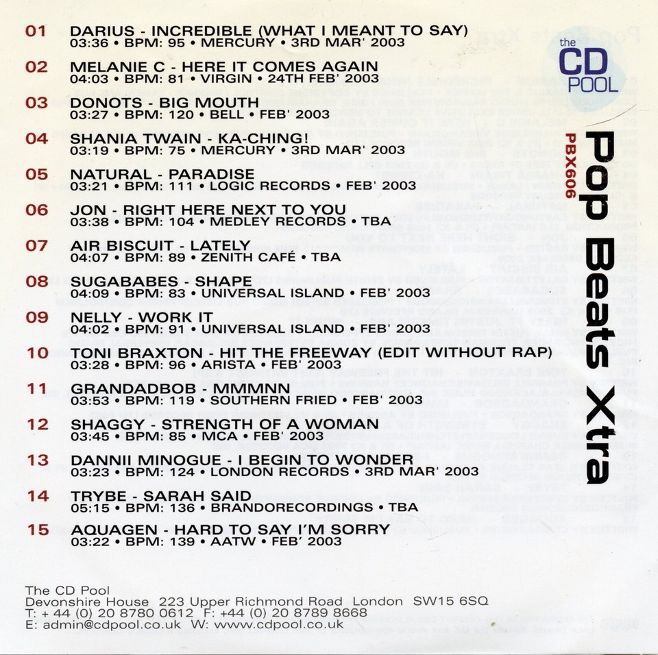 CD Pool Pop Beats Extra 606 UK 15 Track Promo CD Dannii Minogue