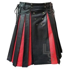 SCOTTISH Pleated Handmade Utility Red-Black Authentic Cow Leather Kilt, For Men