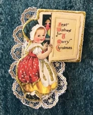 Christmas Girl Pin Brooch Vintage Merrimack Publishing Corp 1984 Die Cut 3.25”