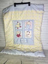 VTG Baby Crib Blanket Comforter Yellow Blue Gingham Trim Chick Bear Dog Bunny
