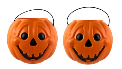 2 Vintage GENERAL FOAM Blow Mold Jack-O-Lantern Pumpkin Halloween Candy Buckets