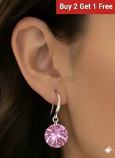 Pink 925 Sterling Silver Cubic Zirconia Shiny Round Crystal Drop Earrings