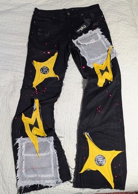 C'est La Vie Cargo 205 Slim Stacked Flare Black Jeans Mens 36x36 Splatter City