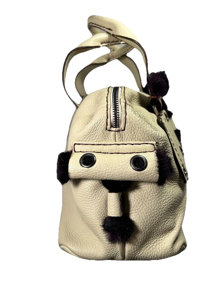 Cromia Italian Made Leather HandBag Purse in Cream w/ Fur Accent Brown Interior - Image 4 of 4