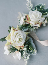 White Rose Wrist Corsage and Boutonniere Set with Ribbon Ties Wedding Prom Forma