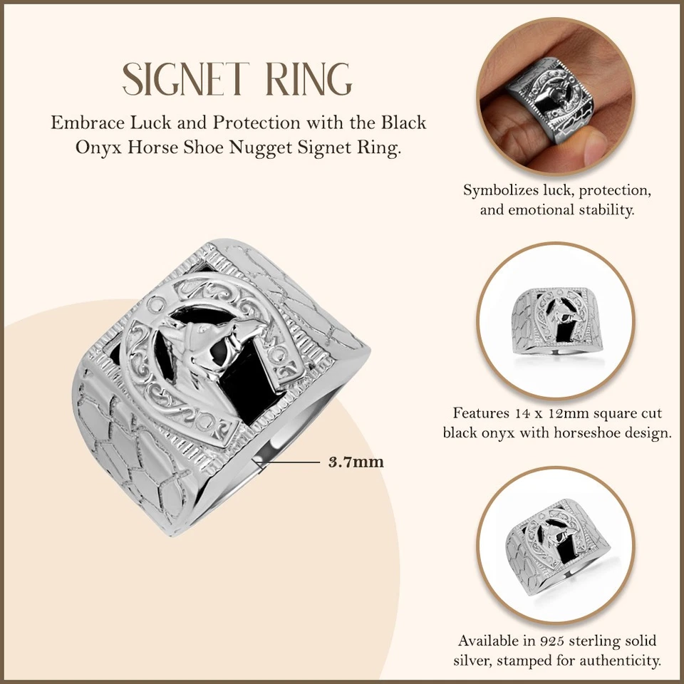 Anel de sinete de prata esterlina 0,925 ônix preto ferradura pepita - Imagem 3 de 3