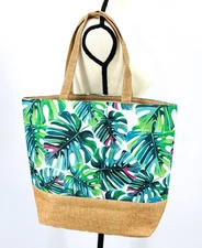 Blue & Green Tropical Monstera Palm Leaf Shoulder Tote Bag w/ Linen Bottom NWT