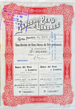 Banco del Peru y Londres Bank złote akcje +Kp Lima 1907 Ameryka Południowa Anglia Londyn