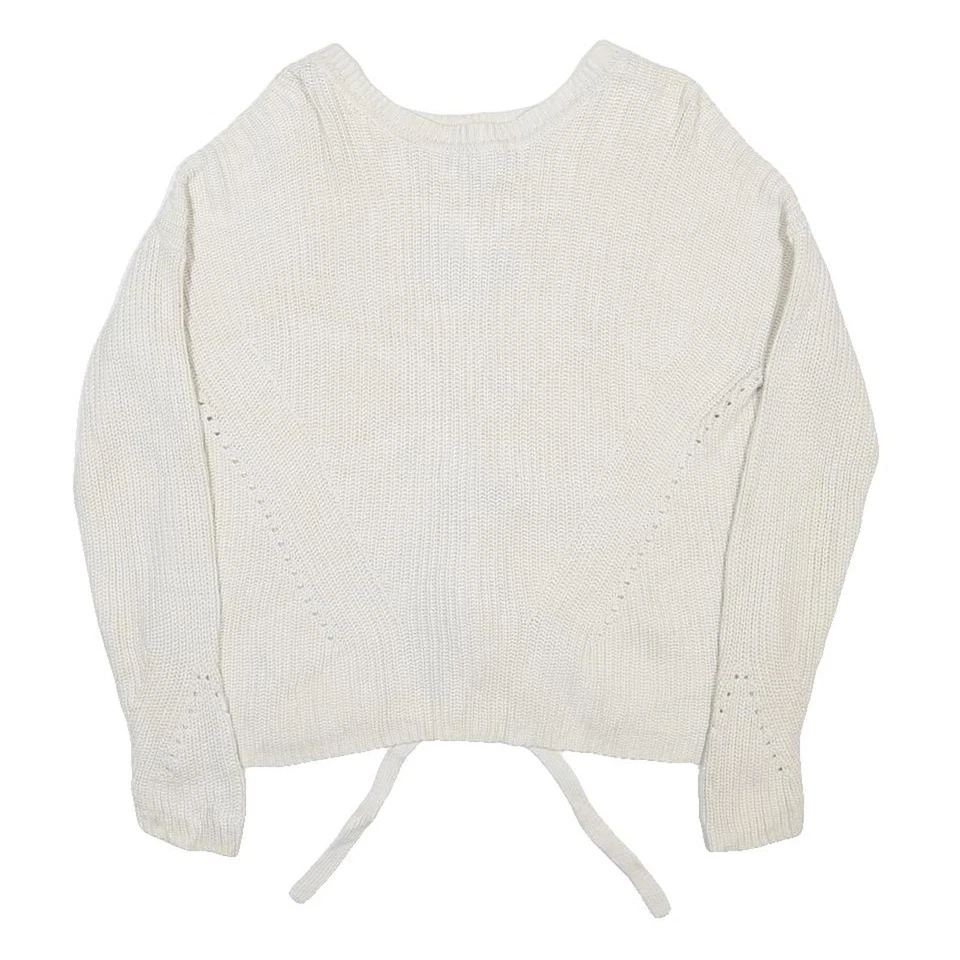 LUCKY BRAND Pull Femme Blanc Uni Col Rond En Maille Côtelée Lacet Au Dos - Photo 1/4