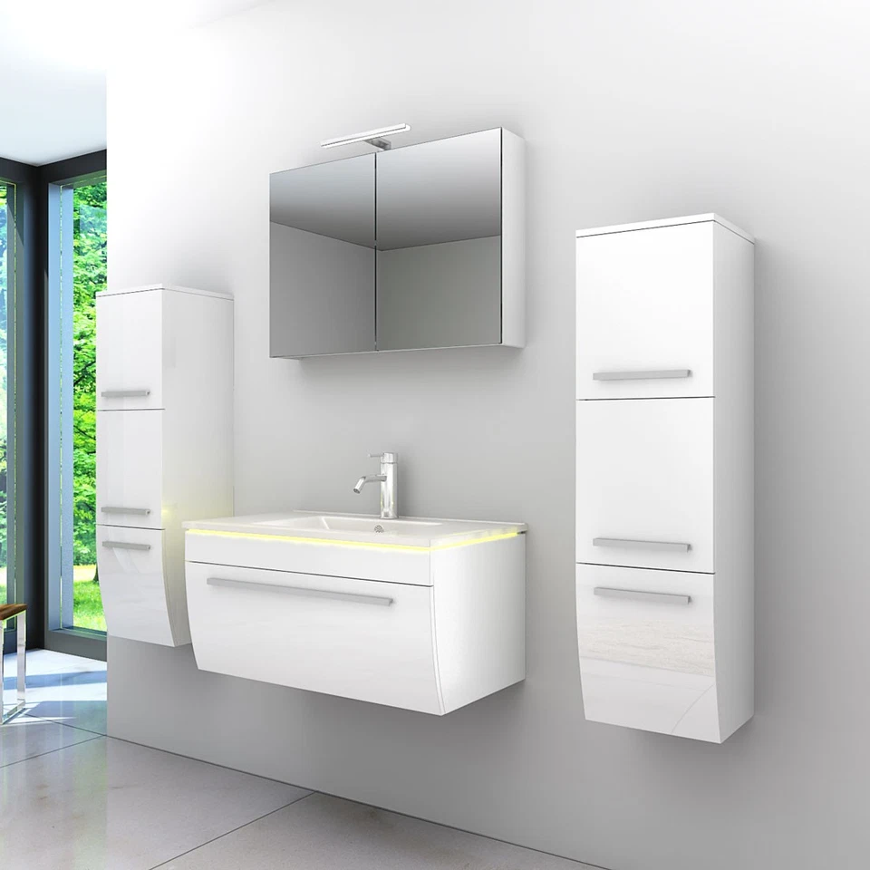 Badmöbel Set Gently 3 V3 Weiß Badezimmermöbel Badspiegel Waschtisch 80 cm - Bild 2 von 4