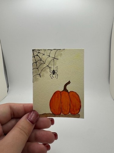 ACEO Original LKZArtCreations Watercolor Pumpkin Spider Web October Autumn Fall