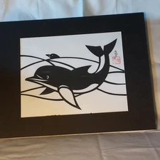 Hou-tien Cheng Master Chinese Paper Cutter Dolphin Art Signed Matted 11 x 14 VTG