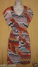 MSK womens orange aqua black yellow multi flutter top dress w/ belt 10P 14P $88