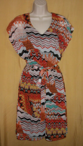 MSK womens orange aqua black yellow multi flutter top dress w/ belt 10P 14P $88 - Picture 1 of 6