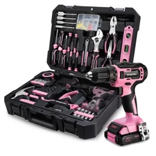 WORKPRO USA 20V Pink Cordless Drill Driver Kit 141PC Hand Tool Kit Home Tool Set