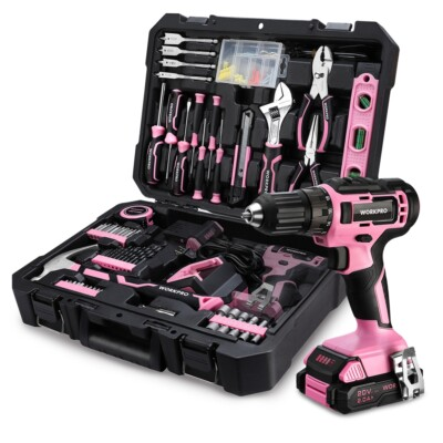 #ad WORKPRO USA 20V Pink Cordless Drill Driver Kit 141PC Hand Tool Kit Home Tool Set $109.99