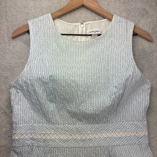 Vestido Calvin Klein Seersucker Ajuste de Ojales Acampanado Costero Rayas Náuticas Mujeres 8 - Imagen 4 de 12