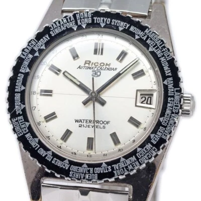 Ricoh Automatique Calendrier 30 World Temps Chaton 1960 38mm Argent Cadran Watch - Photo 1/4