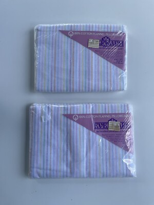 2 VTG NIP EVERWARM 100 % Cotton Flannel Pillowcases King Size Vintage Stripes