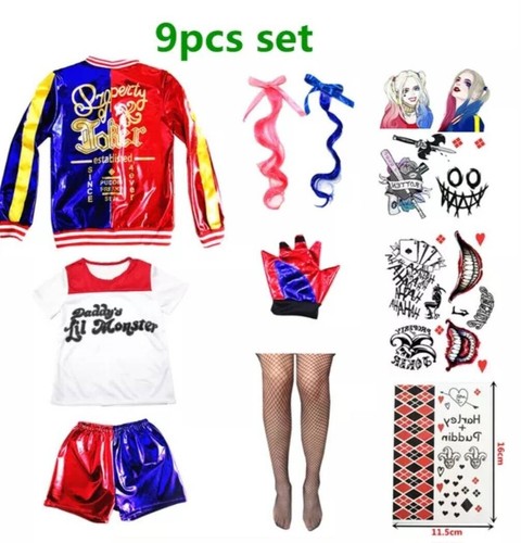 Girls Harley Quinn Inspired Costume Set 9pcs Cosplay Halloween Dress Up - Picture 6 of 7