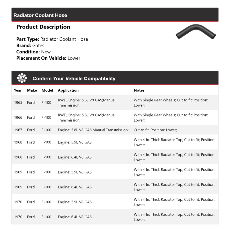 Manguera de refrigerante de radiador puertas inferiores para Ford F-100 1965-1970 1966 1967 1968 1969 Foto 2 de 4