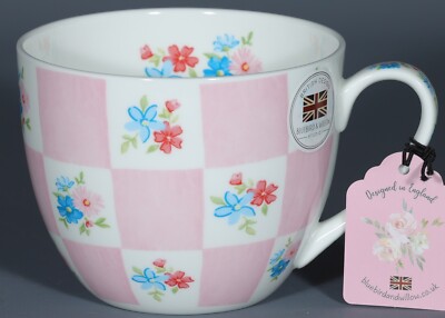 BLUEBIRD AND WILLOW FLOWER CHINTZ IN PINK GINGHAM Bone China Jumbo Cup