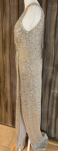 STUNNING Silver Sequin Champagne Formal Dress Size M Prom USA Made Double V Long - Picture 4 of 10